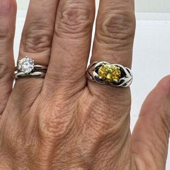 Sterling Silver Diamonique Oval Yellow CZ Ring size 8 Ribbed Sides .925 Vintage - Picture 8 of 10